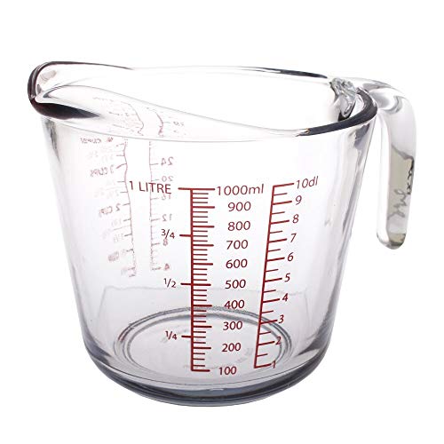 Kitchen Classics 195-91661LIB 32 Oz. Measuring Cup; Holds 32 Ounces/1 Liter; Clear Glass; Red Print; Oven, Freezer, Dishwasher and Microwave Safe; Handle and Spout for Easy Pouring