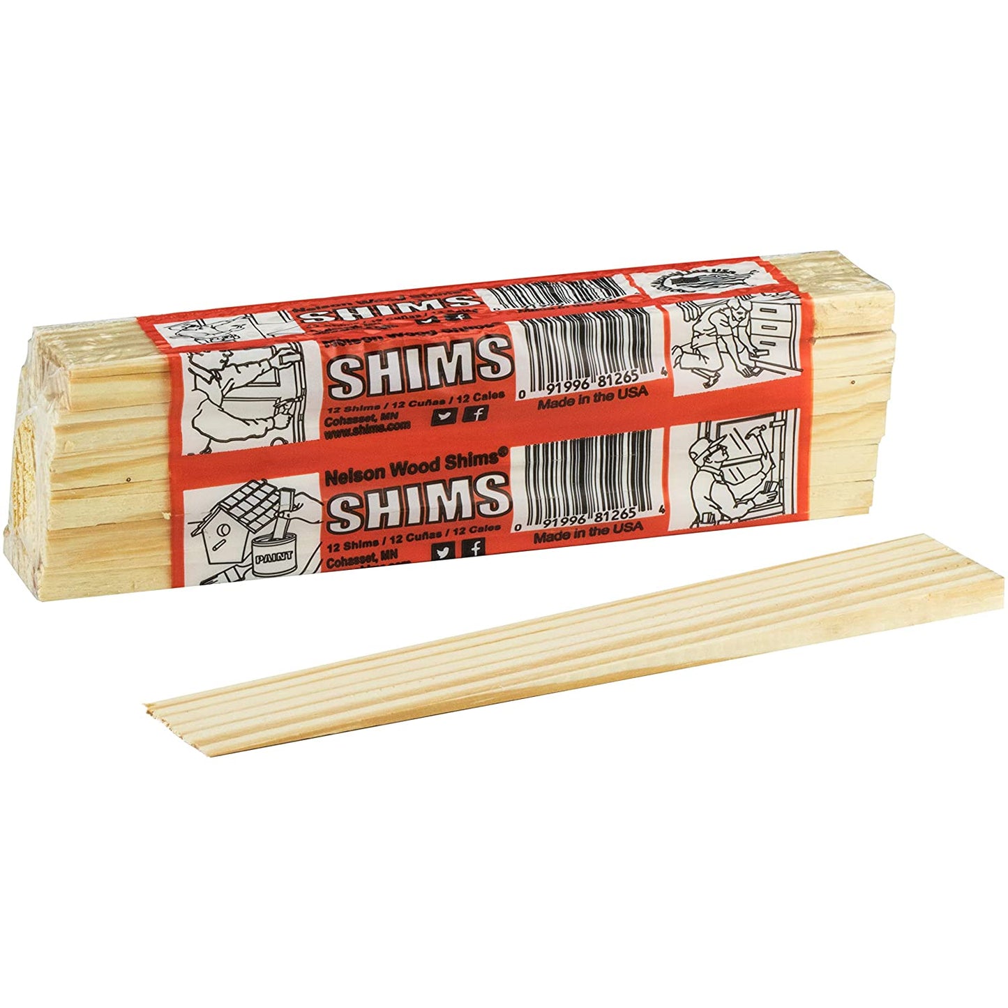 Nelson Wood Pine Shims 8" 12 Pack - Kiln Dried Wood - Case of 36 (Total 432 Shims)